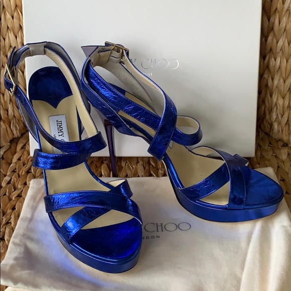 NIB Jimmy Choo Blue Metallic Leather Platform 41 - Picture 8 of 8